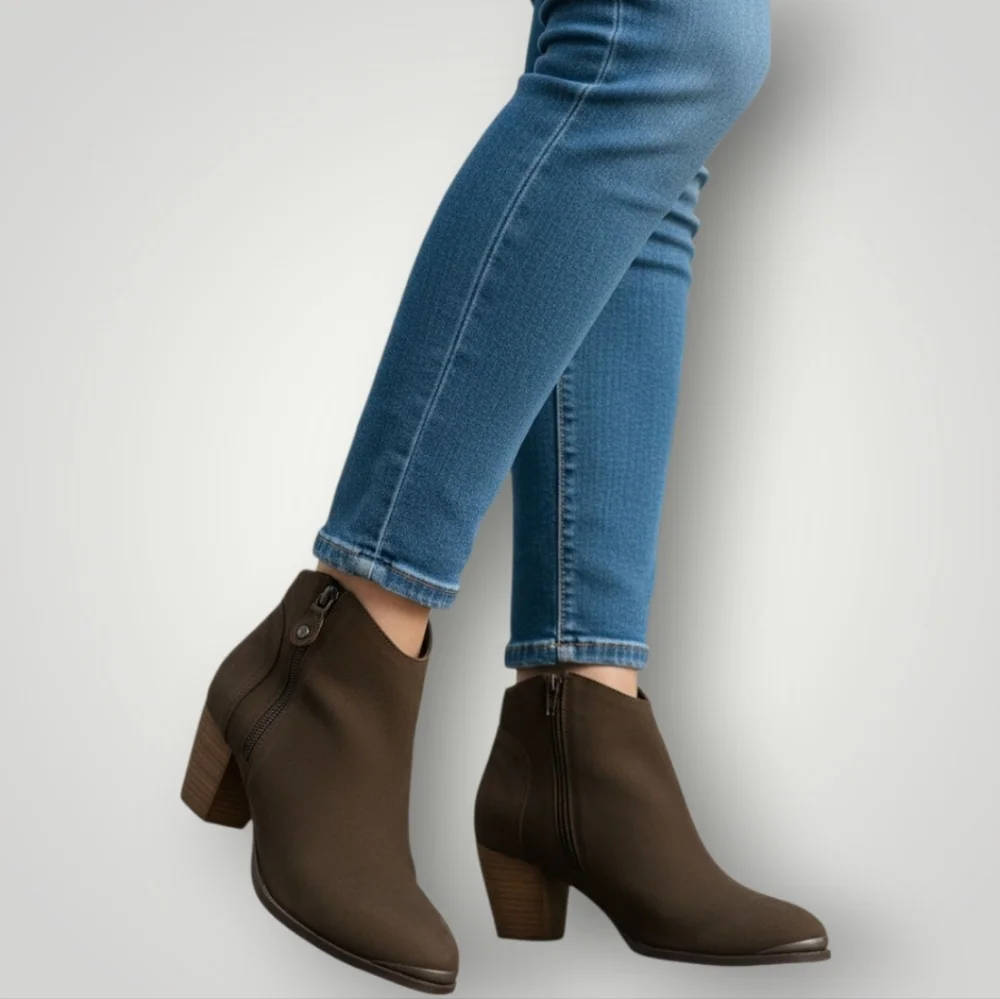 Diba Leather Ankle Booties Womens 9M Taupe Brown‎ Suede Stacked Heel Zip Boots
